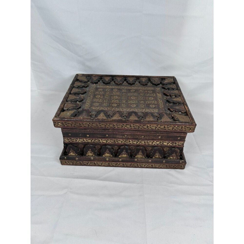 Handmade Wooden Chest Brass Inlay Jewelry Box Trinket Box Tramp Art Boho